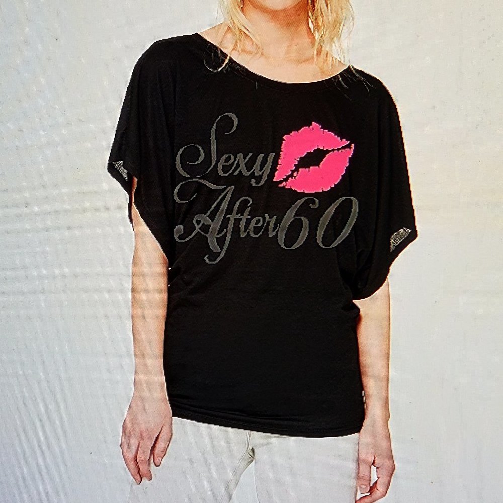 Sexy After 60~Pink Lips Black Slouchy Top.
